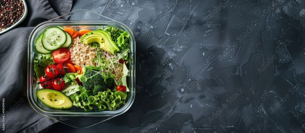 Poster Glass container with fresh salad avocado cutlet and buckwheat on a black table from a top view offering copy space image
