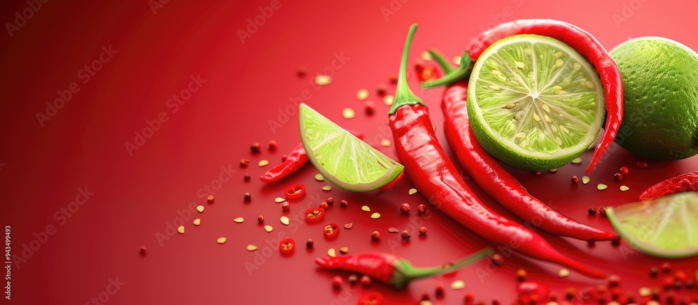 Poster Chili pasted with lime slices on a copy space image