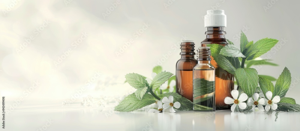 Poster a few bottles of aromatic essential oil with peppermint leaves and flowers displayed in an attractiv