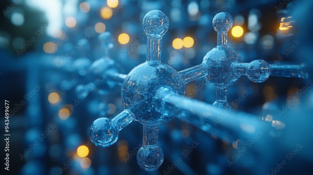 Poster a polymerization process with renewable feeds underway, showcasing intricate molecular structures il