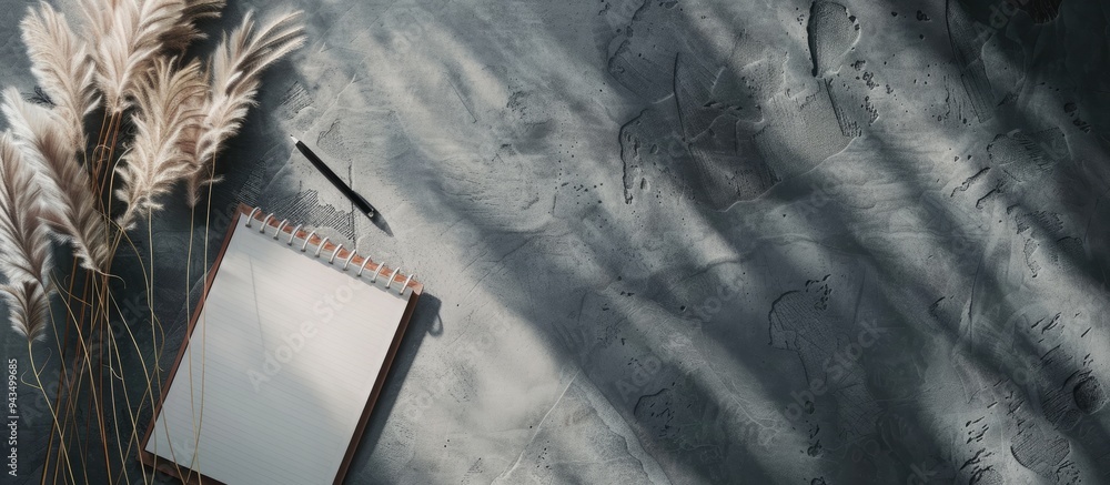 Poster pampas grass beside notebook on a grey background with copy space image