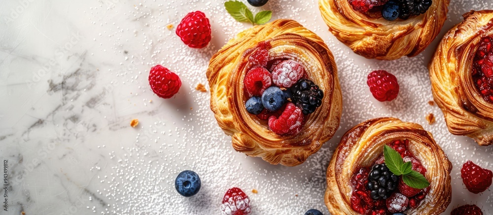 Aufkleber top view of delectable berry filled puff pastries displayed on a white marble surface featuring ampl