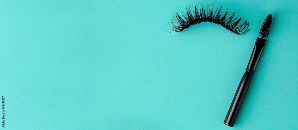 Poster cosmetics like black mascara brush and fake eyelashes placed on a vivid turquoise backdrop creating 