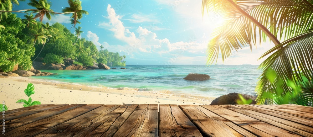 Poster Wooden table with open view to a sunny tropical beach and palm trees perfect for presenting summer items or ad displays with copy space image