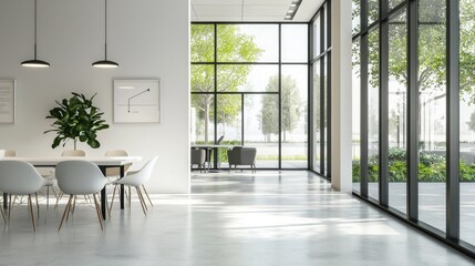 A spacious, modern office featuring large floor-to-ceiling windows, abundant natural light, and lush indoor plants, creating a bright and inviting work environment..