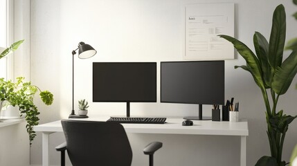 A spacious, modern office featuring large floor-to-ceiling windows, abundant natural light, and lush indoor plants, creating a bright and inviting work environment..