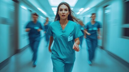 Medical Personnel Hustling Through Critical Hospital Corridors
