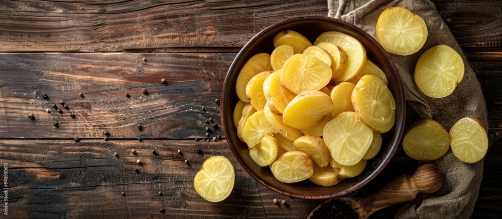 Aufkleber top view of freshly cut raw potatoes in a bowl on a wooden table with copy space image available