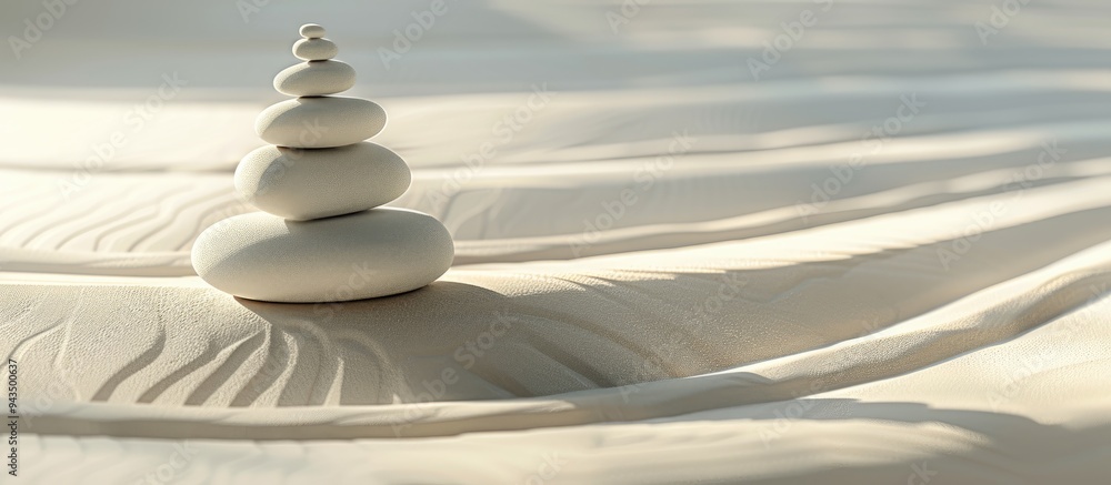 Aufkleber minimalistic zen garden showcasing a stack of balanced pebbles in a serene white sand pattern suitab
