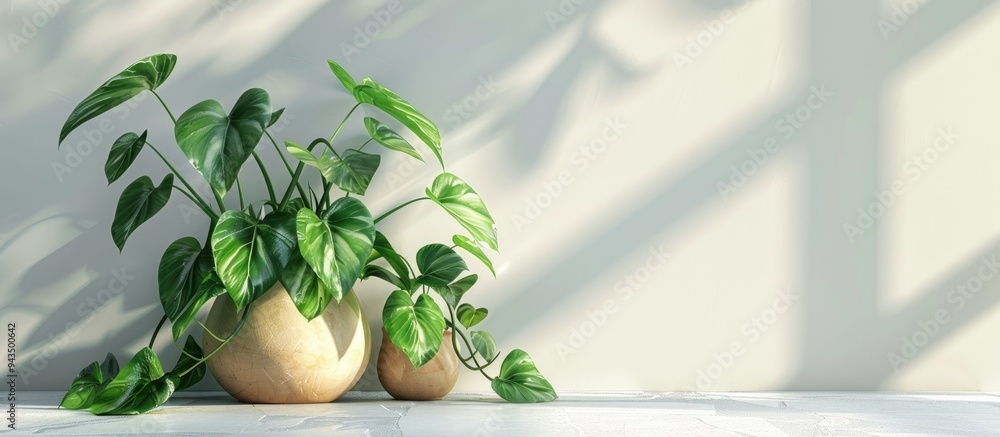 Aufkleber three golden pothos plants also known as devil s ivy displayed in a pot on a white ceramic tile floo