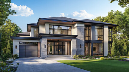 A 3D illustration of a newly built luxury home, highlighting its modern design and upscale features. --ar 16:9 --v 6.1 Job ID: 292e090f-3524-48fc-b2f6-c3fe2719f05b
