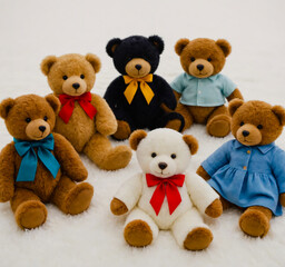 A group of teddy bears sitting on a white carpet.