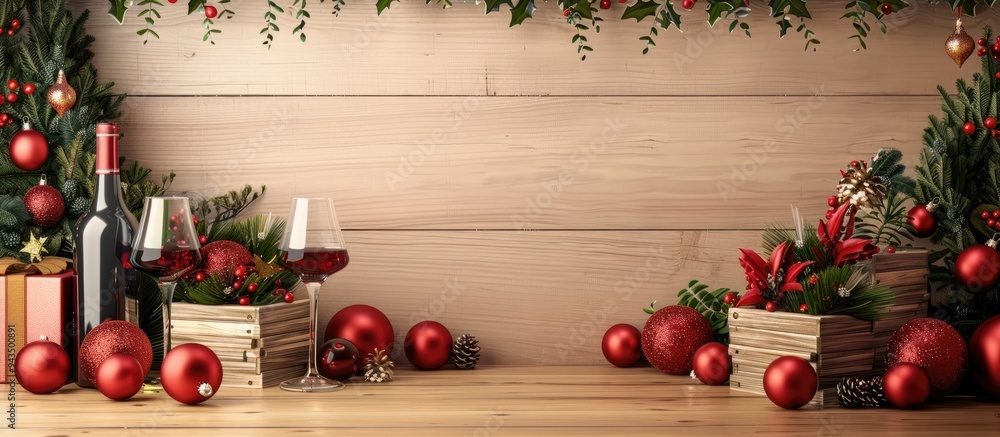 Poster Table decorated with various elements like bottles of wine glasses wooden boxes fir twigs and red Christmas balls with an empty area for including text in the image. Creative banner. Copyspace image