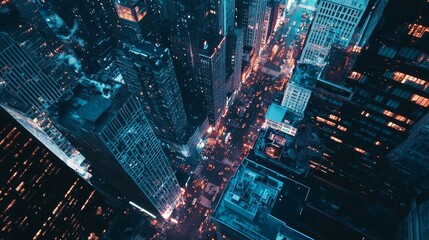 Aerial view of a bustling city at night