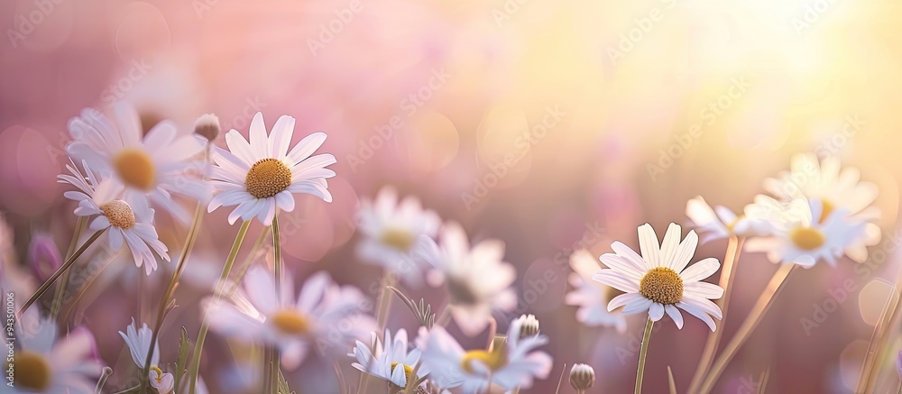 Aufkleber Soft focus on chamomile flowers in a field during summer with a blurred background allowing for copy space image