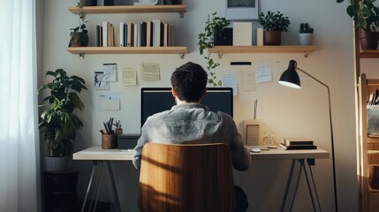 A software developer works on dual monitors in a bright, modern home office filled with plants, natural light, and a stylish, organized setup..