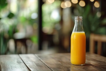A glass bottle of orange juice is sitting on a wooden table. Concept of freshness and health, as orange juice is often associated with vitamins. Generative Ai