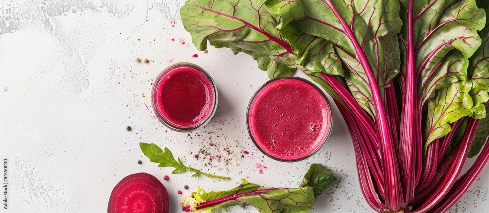 Aufkleber flat lay of ripe vegetables and a glass of fresh beet juice on a white table providing ample copy sp