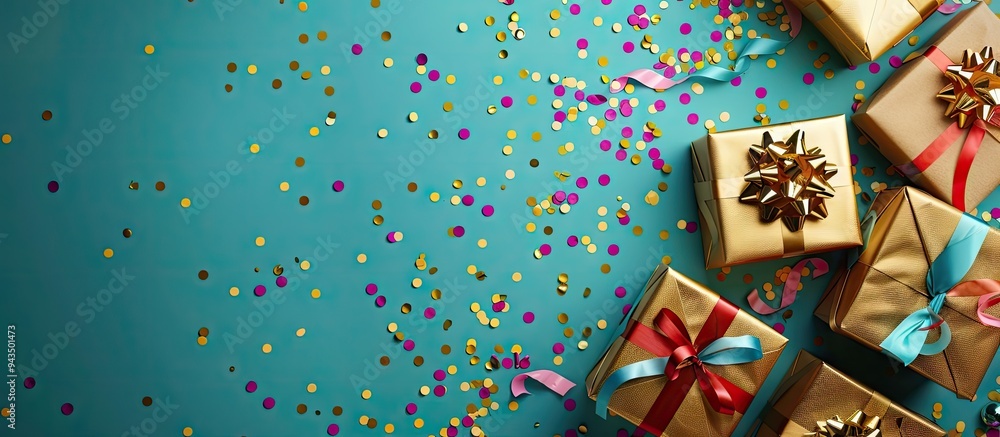 Poster top view of golden gift boxes and confetti on a colorful backdrop with copy space image