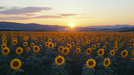 Fototapeta premium A field of sunflowers is in full bloom, with the sun setting in the background