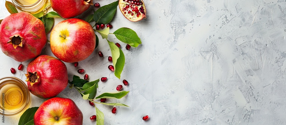 Aufkleber top view of traditional rosh hashanah symbolic foods like pomegranate apples and honey on a white co