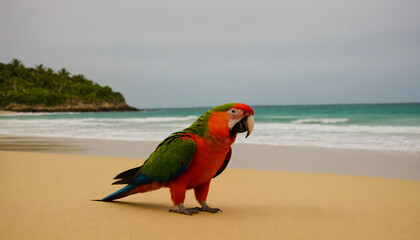 A colorful parrot standing on a sandy beach next to the ocean.