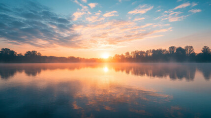 Obraz premium A beautiful sunset over a lake with trees in the background