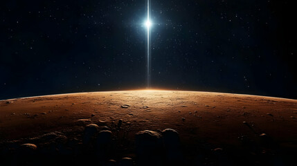 A bright star shines over a red planet.