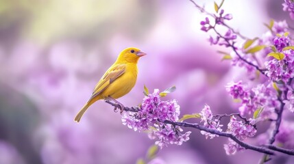 A Yellow Bird Perched on a Branch of Pink Blossoms