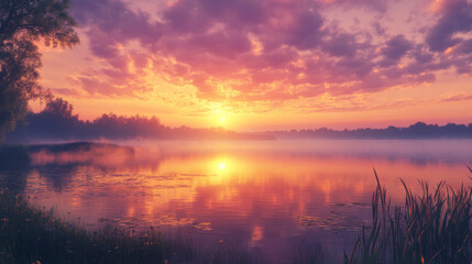 A beautiful sunset over a lake with a few trees in the background
