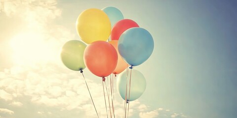 Colorful balloons against a blue sky with white clouds.