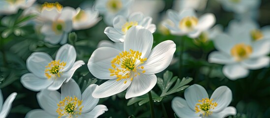 Obraz premium A nature park displays a stunning close up of delicate white flowers with yellow stamens amidst lush green leaves showcasing their beauty and purity in a copy space image