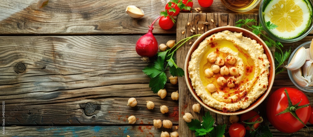 Poster Top view of delicious homemade hummus with chickpeas and assorted vegetables displayed on a wooden surface offering ample copy space image