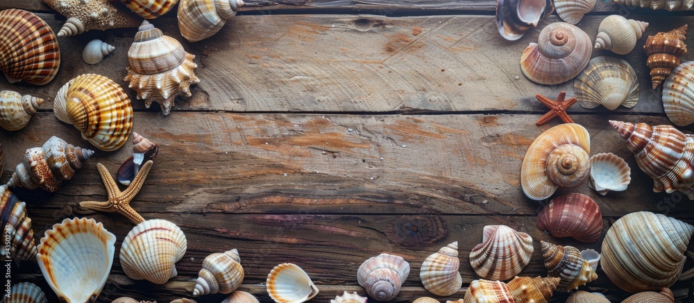 Poster various sea shells snails and pebbles in different sizes shapes and colors displayed on a brown wood