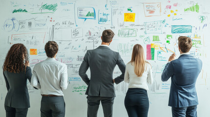 A group of people are standing in front of a whiteboard with various drawings