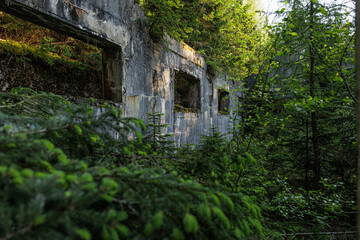 dettagli delle pareti in cemento di un antica, demolita e abbandonata struttura militare risalente...