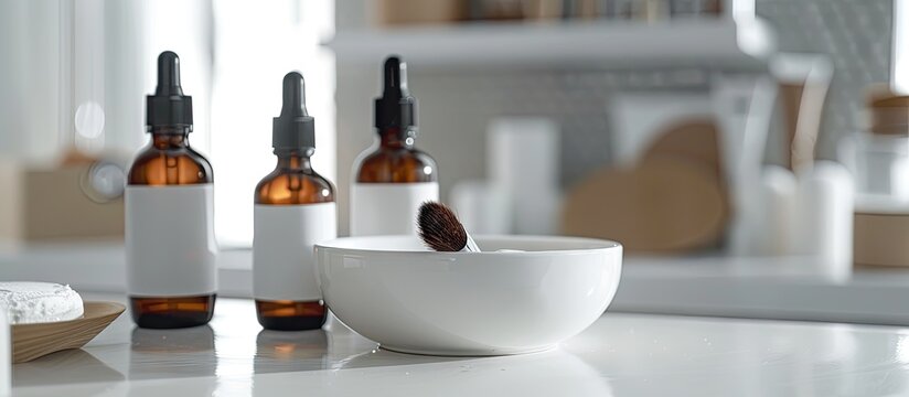 Chemical peel bottles liquid filled bowl and brush on white table indoors in a clean setting with copy space image