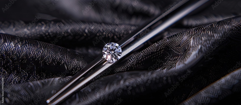 Poster close up of tweezers with a sparkling diamond set against a black fabric background with ample copy 