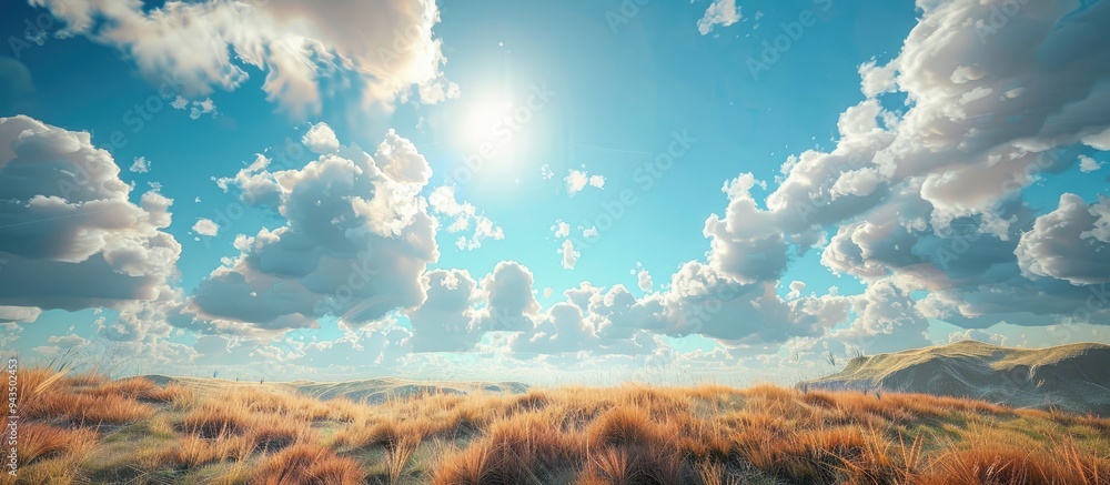 Poster Scenic blue sky with fluffy clouds on a clear day highlights the serene atmosphere in the dry season perfect for a copy space image