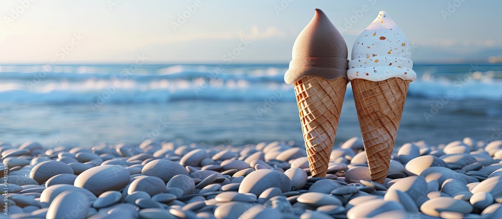 Poster a vanilla and a chocolate ice cream cone are displayed on a pebble beach with a blue sea in the back