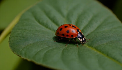 Fototapeta premium A ladybug sitting on top of a green leaf. Close-up