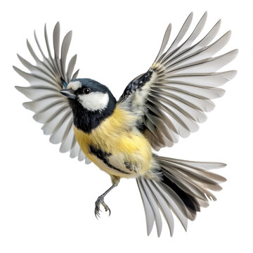 Great tit in flight. Isolated on transparent background. PNG design element.