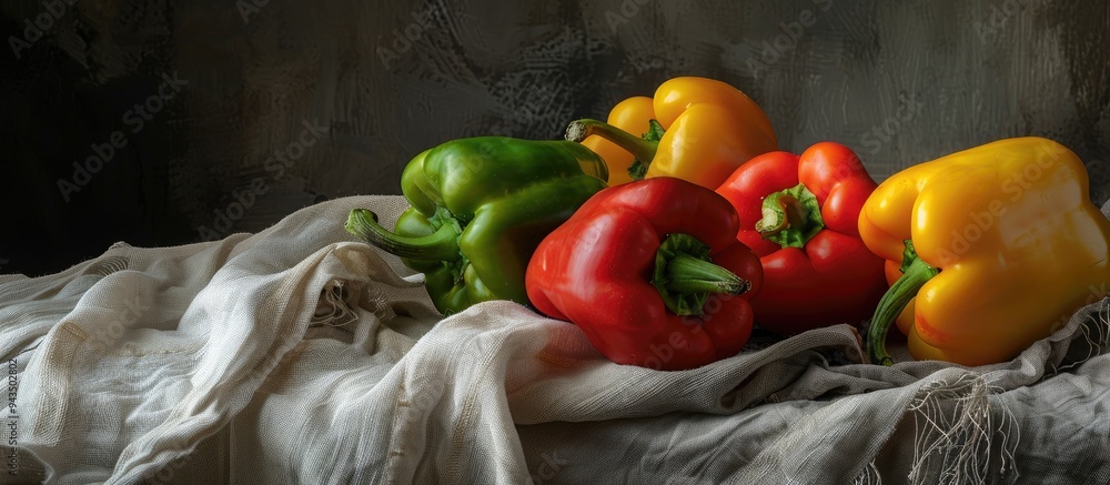 Poster colorful bell peppers nicely arranged on a linen cloth with available copy space image