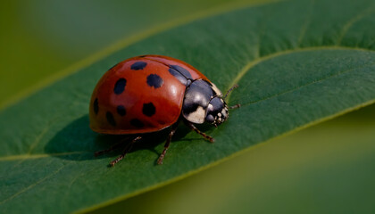 Obraz premium A ladybug sitting on top of a green leaf. Close-up