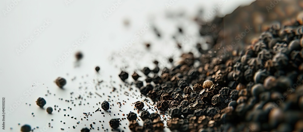 Aufkleber macro shot of black ground pepper on a white backdrop with copy space image