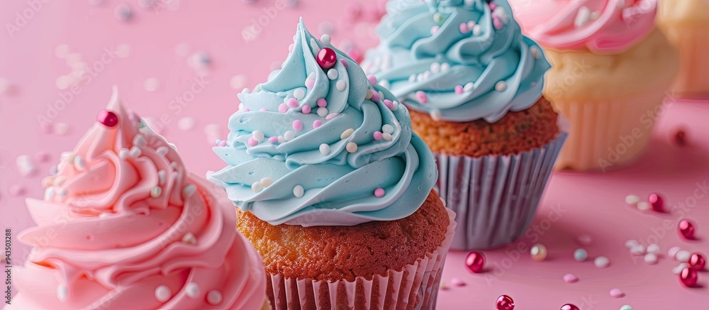 Poster cupcakes with intricate decorations on a pink backdrop perfect for a gender reveal party with copy s