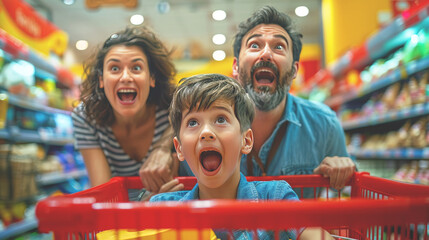 The family looked surprised and excited while shopping.