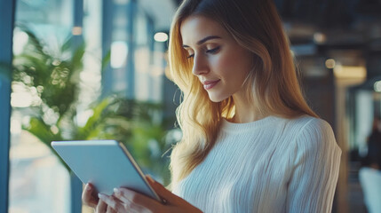 Fototapeta premium Businesswoman working on a tablet in a stylish office