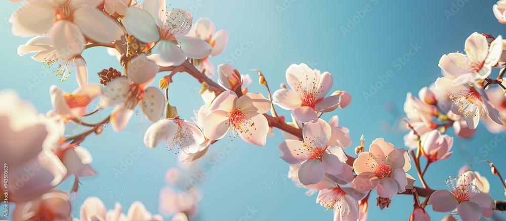 Aufkleber almond tree branches in bloom set against a clear blue sky perfect for spring themed copy space imag