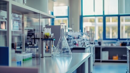 Fototapeta premium Modern laboratory interior with various scientific equipment, clean workstations, and storage shelves, ready for research and experimentation..